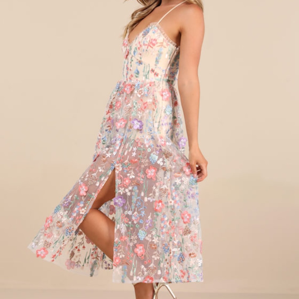 Lulus Mahryn Beige 3d Floral Embroidered Midi Bodysuit Dress - Size M